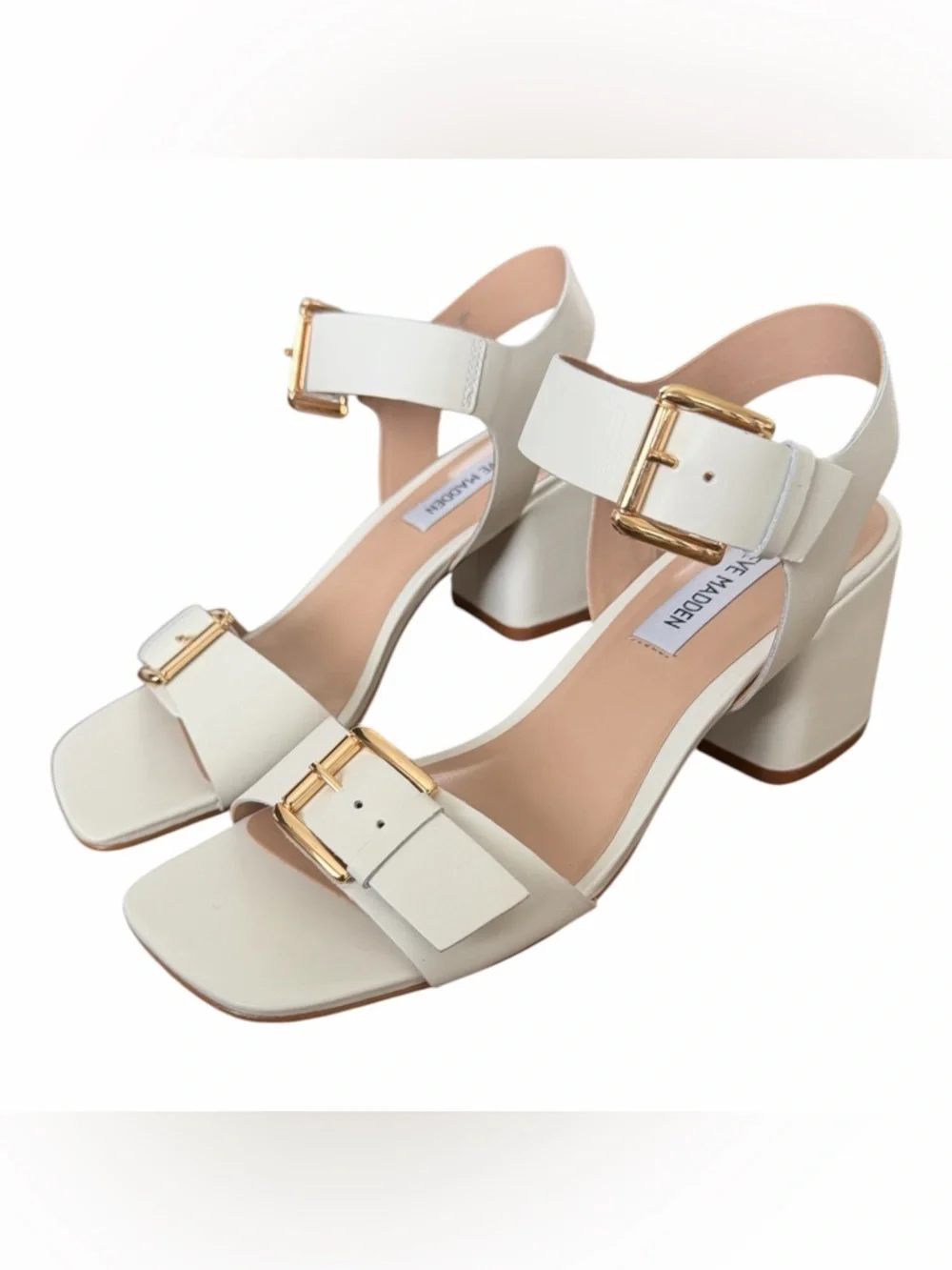 Steve Madden White‎ Block Heel Sandals with Gold Buckles - Ankle Strap